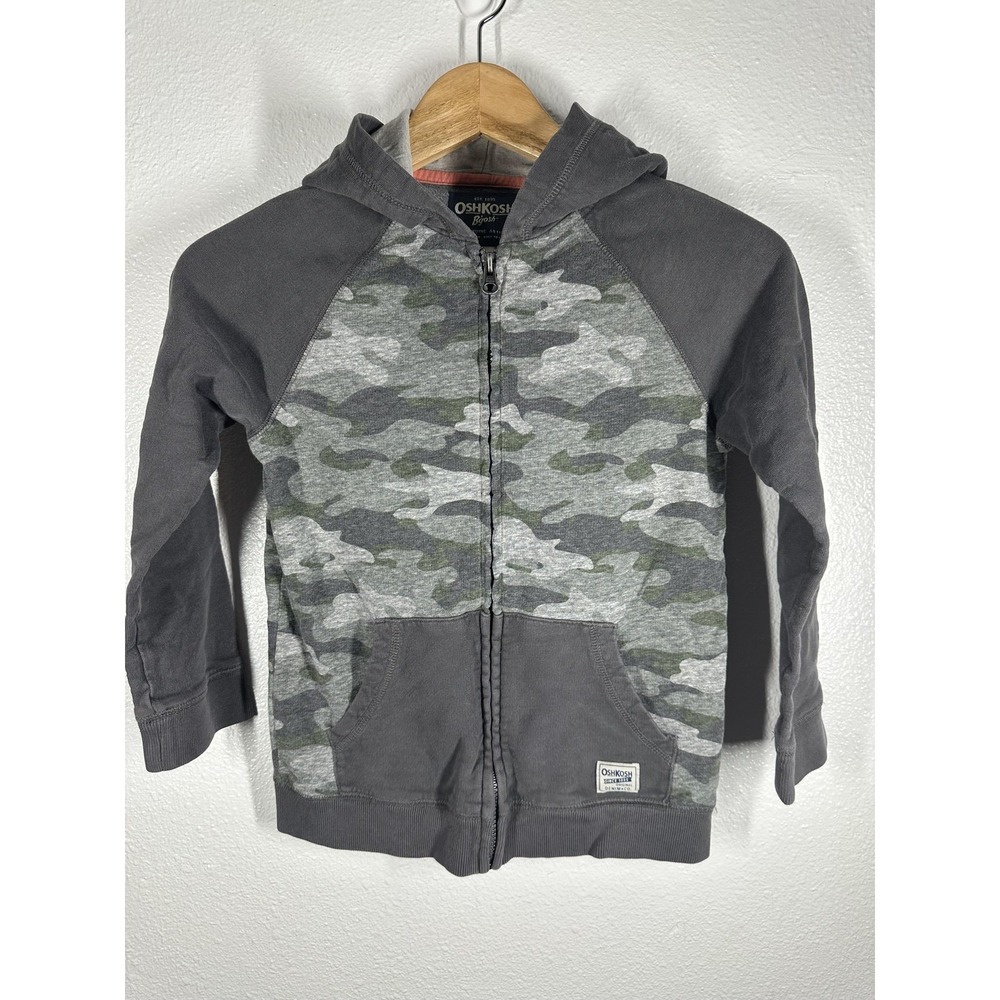 OshKosh‎ B'gosh Hoodie Boys 8 Gray Green Camo Full Zip Raglan Kangaroo Pocket
